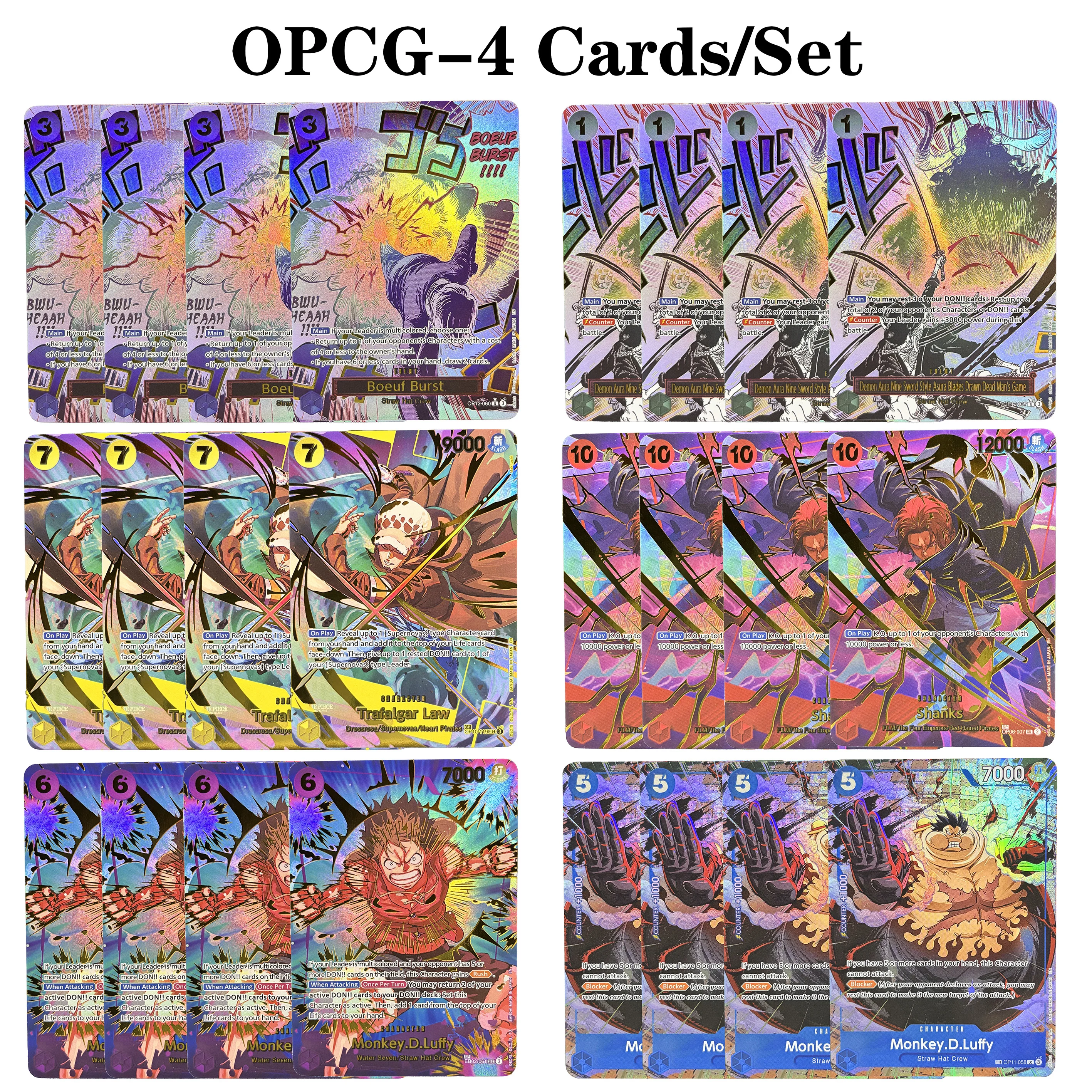 4Pcs/Set ONE PIECE Character Event Series GoldFoil Card Trafalgar Law OP10-119 Shanks Luffy Boeuf Burst OPCG Game Cards Toy Gift
4Pcs/Set ONE PIECE Character Event Series GoldFoil Card Trafalgar Law OP10-119 Shanks Luffy Boeuf Burst OPCG Game Cards Toy Gift
