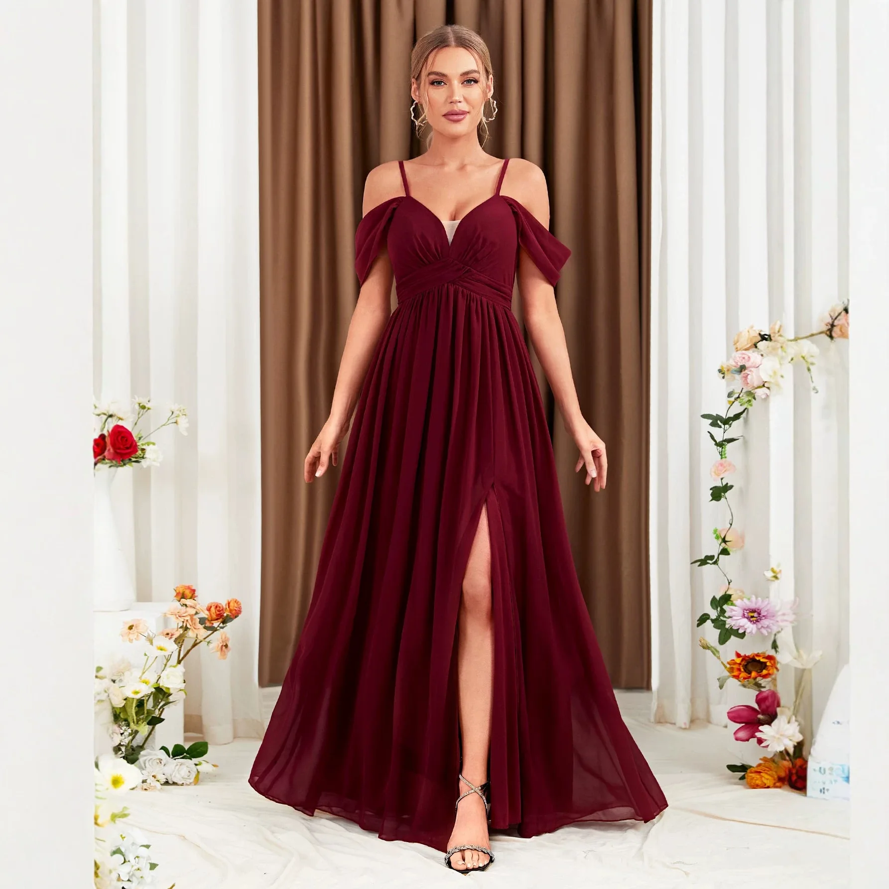 Dark Burgundy Airy Chiffon Floor Dress Off Shoulder Ruffle High Waist Split African Wedding Bridesmaid Gown
Dark Burgundy Airy Chiffon Floor Dress Off Shoulder Ruffle High Waist Split African Wedding Bridesmaid Gown