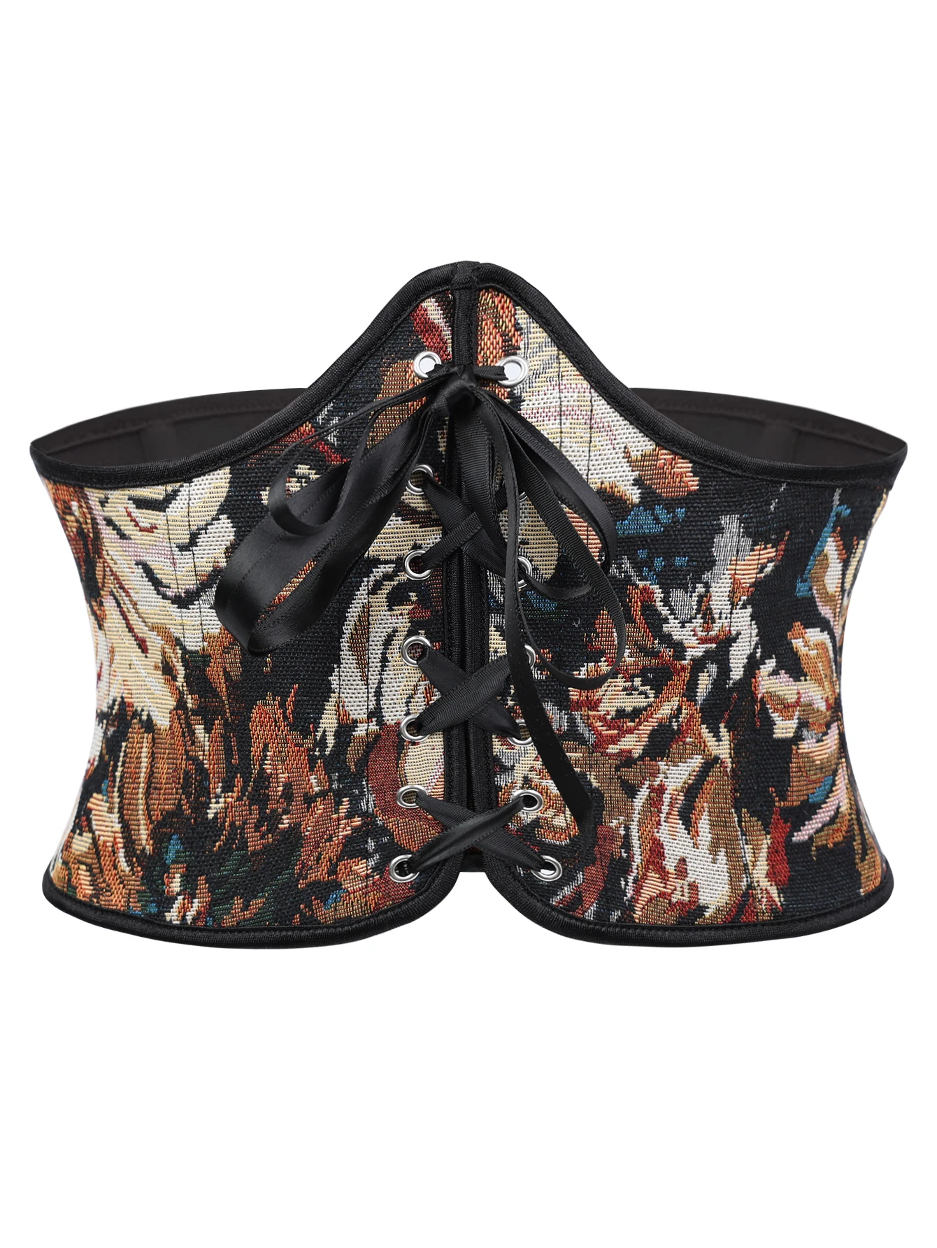 Retro oil painting jacquard waistband with front ties for adjustment back zipper for a snug and shaping fit waistband
Retro oil painting jacquard waistband with front ties for adjustment back zipper for a snug and shaping fit waistband