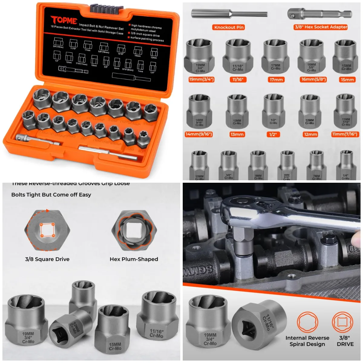 18-Piece Bolt Extractor Kit, 3/8' Drive, for Damaged, Frozen, Rusted, or Rounded Bolts & Nuts
18-Piece Bolt Extractor Kit, 3/8' Drive, for Damaged, Frozen, Rusted, or Rounded Bolts & Nuts