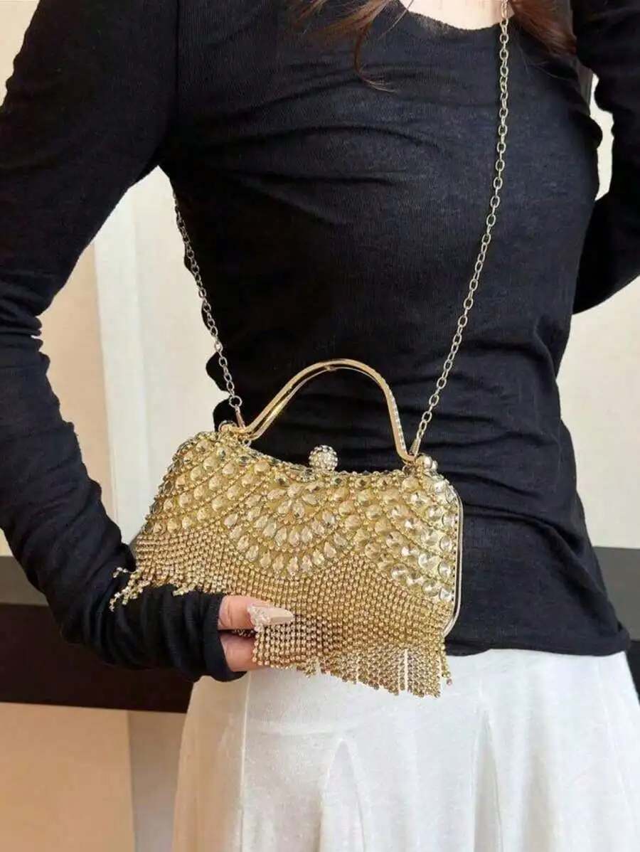Rhinestone Embellished Evening Clutch With Tassel And Detachable Chain Strap
Rhinestone Embellished Evening Clutch With Tassel And Detachable Chain Strap