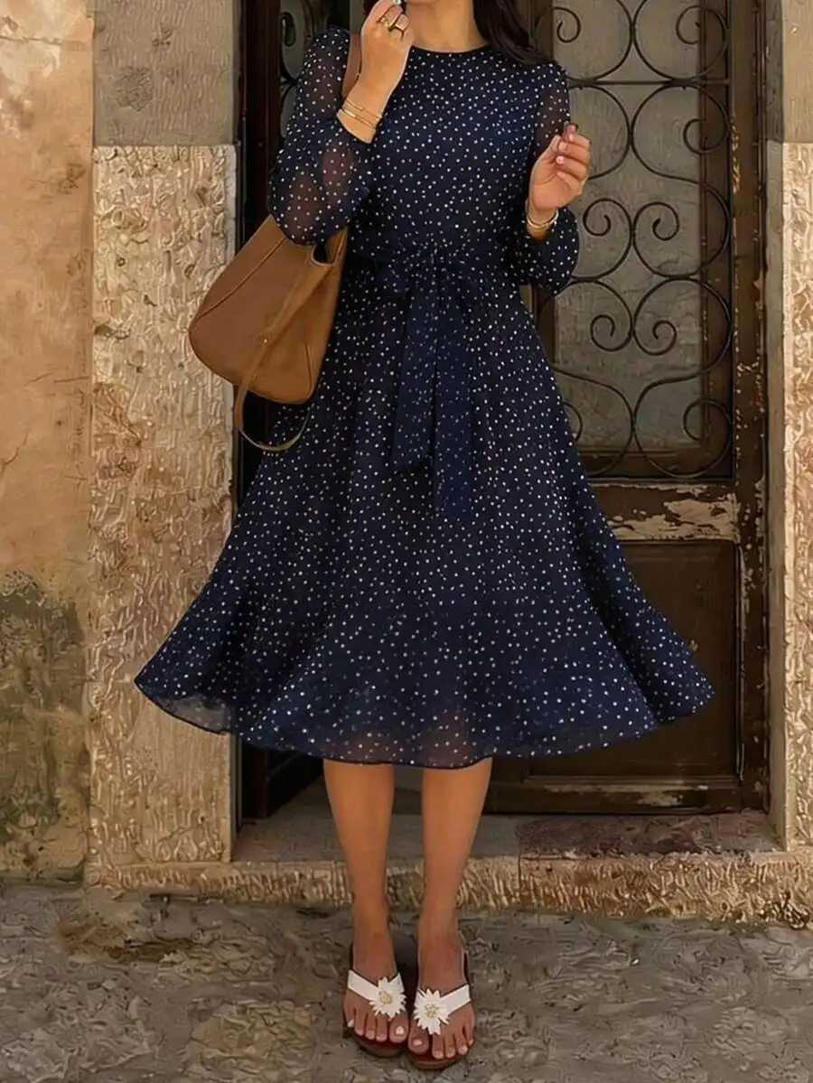 Womens Polka Dot Midi Dress With Lantern Sleeves Round Neck Summer Vacation Wear
Womens Polka Dot Midi Dress With Lantern Sleeves Round Neck Summer Vacation Wear