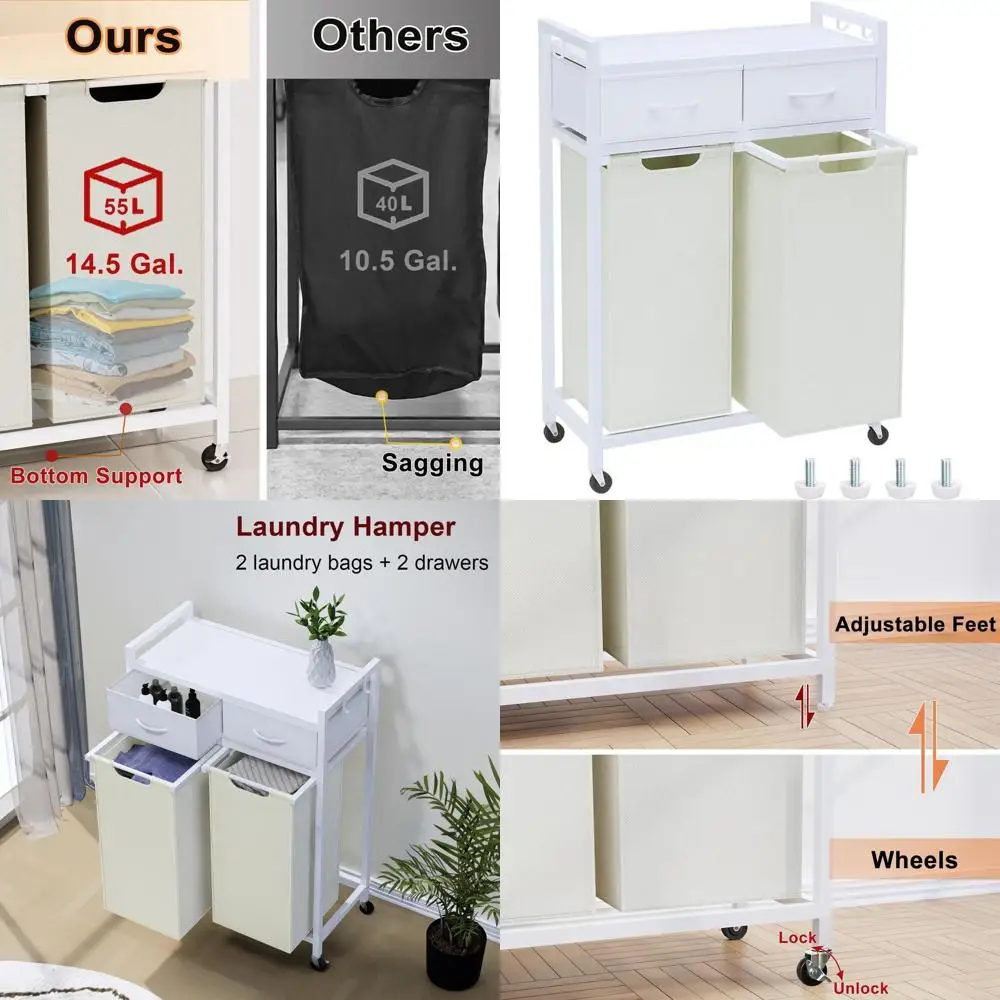 Two-Section Rolling Laundry Basket with Wheels and Removable Fabric Drawers, 29 Gal Capacity, White and Beige
Two-Section Rolling Laundry Basket with Wheels and Removable Fabric Drawers, 29 Gal Capacity, White and Beige