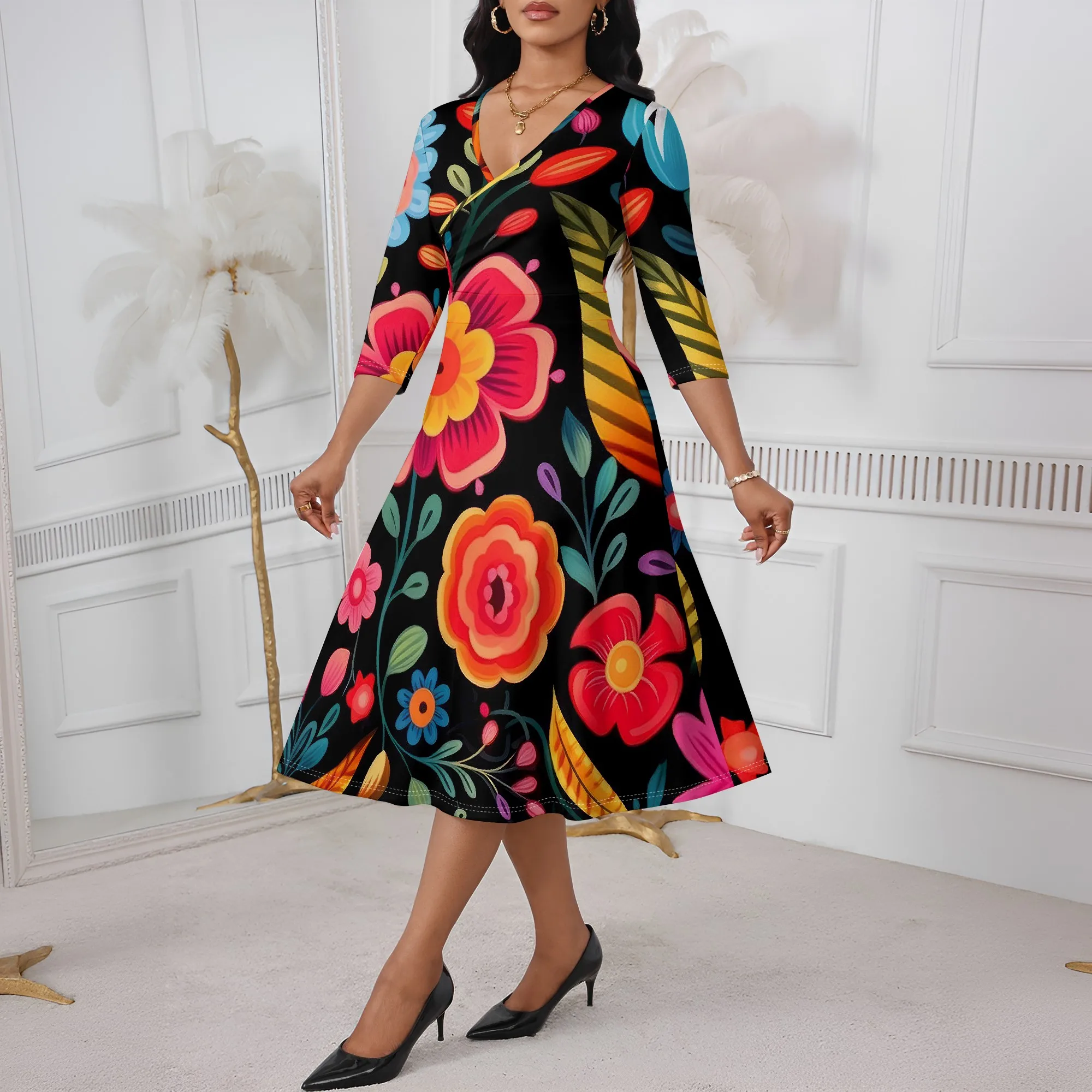 Colorful Folk Floral Print Wrap Dress XS-3XL Boho A-Line Style with V-Neck for Afro Festival, Cinco de Mayo or Summer Party Look
Colorful Folk Floral Print Wrap Dress XS-3XL Boho A-Line Style with V-Neck for Afro Festival, Cinco de Mayo or Summer Party Look
