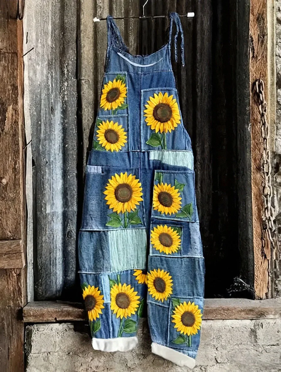 Women Vintage Sunflower Patchwork Denim-Like Overalls Adjustable Tie Strap Loose Baggy Jumpsuit
Women Vintage Sunflower Patchwork Denim-Like Overalls Adjustable Tie Strap Loose Baggy Jumpsuit