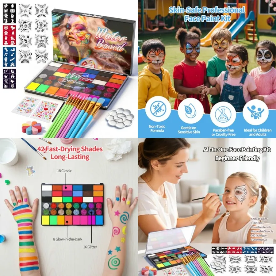 Нетоксичный профессиональный набор для рисования на лице из 42 цветов для взрослых - водорастворимые краски для лица, все в одном, с кистями/трафаретами
Нетоксичный профессиональный набор для рисования на лице из 42 цветов для взрослых - водорастворимые краски для лица, все в одном, с кистями/трафаретами
