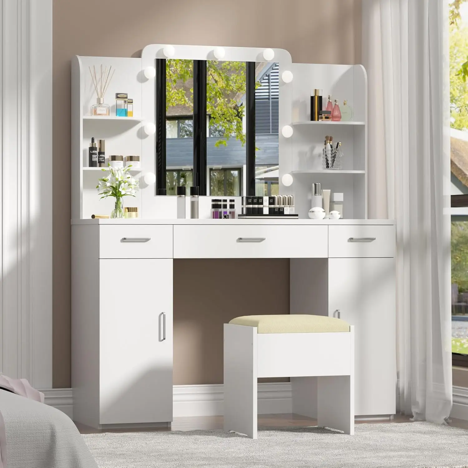 Vanity Desk with Mirror and Lights, 45.3" Vanity Set w/ Mirror and Stool, Large Makeup w/ Drawers & Cabinets, Vanity for Bedroom
Vanity Desk with Mirror and Lights, 45.3" Vanity Set w/ Mirror and Stool, Large Makeup w/ Drawers & Cabinets, Vanity for Bedroom