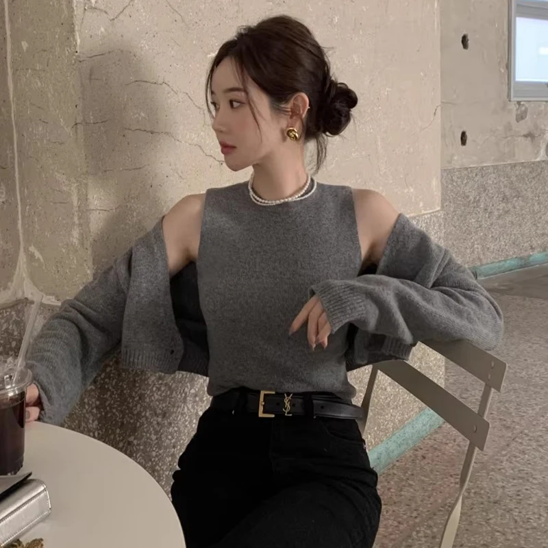 Chic Short Knitted Sweater Vest plus Long Sleeve Knitwear Outerwear Two-Piece Set Versatile Slimming Autumn Fashion for Women
Chic Short Knitted Sweater Vest plus Long Sleeve Knitwear Outerwear Two-Piece Set Versatile Slimming Autumn Fashion for Women