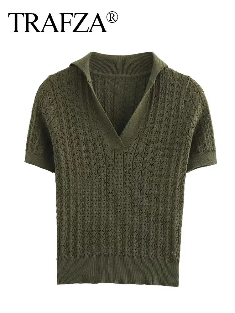 TRAFZA Summer Female Knitted Turn-down Collar Exposed Navel T-shirt Woman Elegant Chic Solid Short Sleeve Short Blouse Mujer
TRAFZA Summer Female Knitted Turn-down Collar Exposed Navel T-shirt Woman Elegant Chic Solid Short Sleeve Short Blouse Mujer