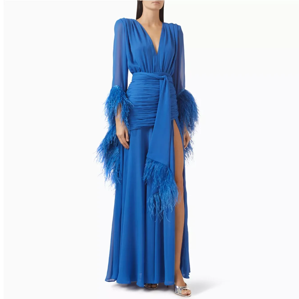 Customized V-neck Elegant Side High Slit A-line Prom Dresses Long Sleeve Elegant Evening Dresses Cascading Ruffle Party Dresses
Customized V-neck Elegant Side High Slit A-line Prom Dresses Long Sleeve Elegant Evening Dresses Cascading Ruffle Party Dresses