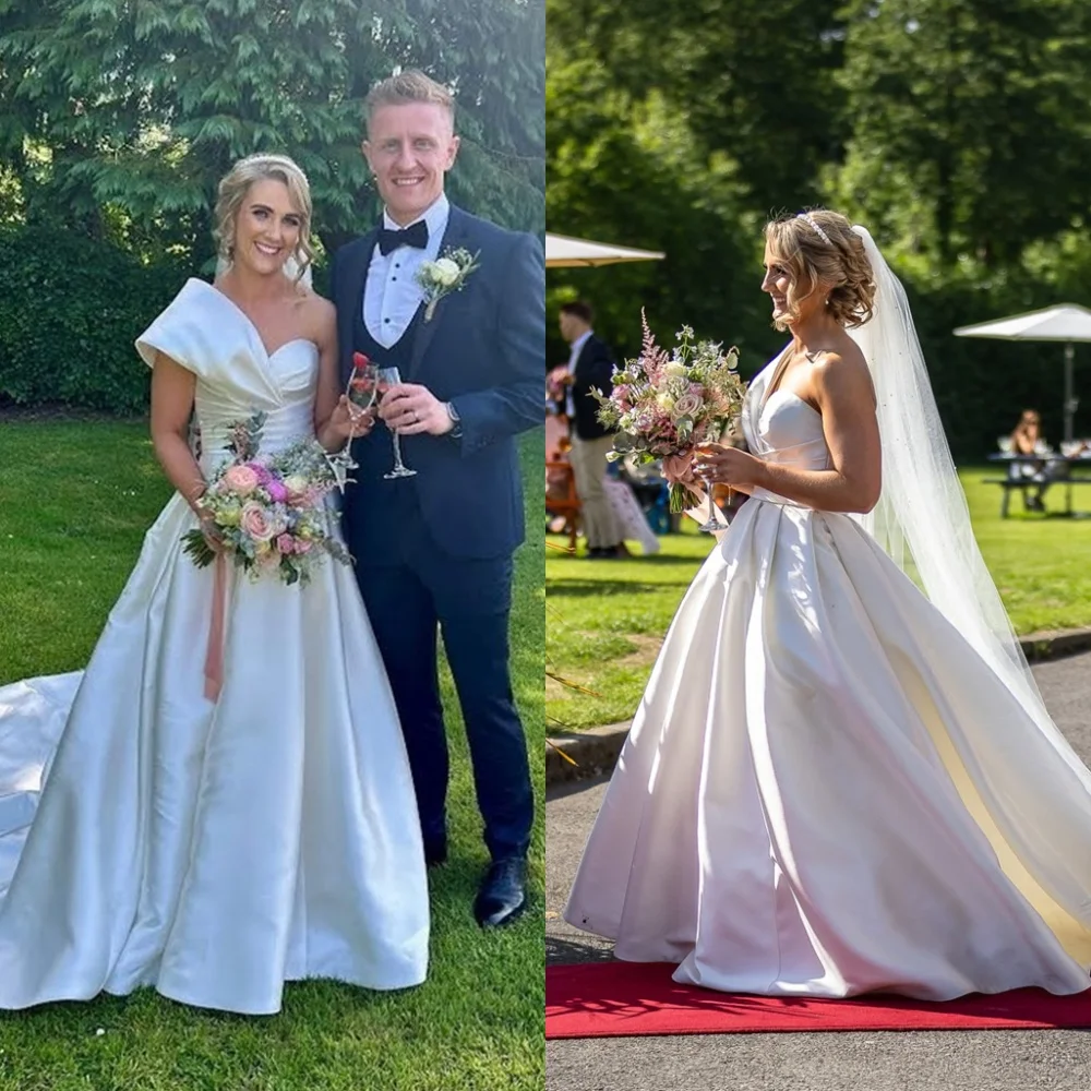 Customized White Satin Wedding Dress Temperament Strapless One Shoulder Sleeveless Bridal Gowns Chapel Train Backless Dress
Customized White Satin Wedding Dress Temperament Strapless One Shoulder Sleeveless Bridal Gowns Chapel Train Backless Dress