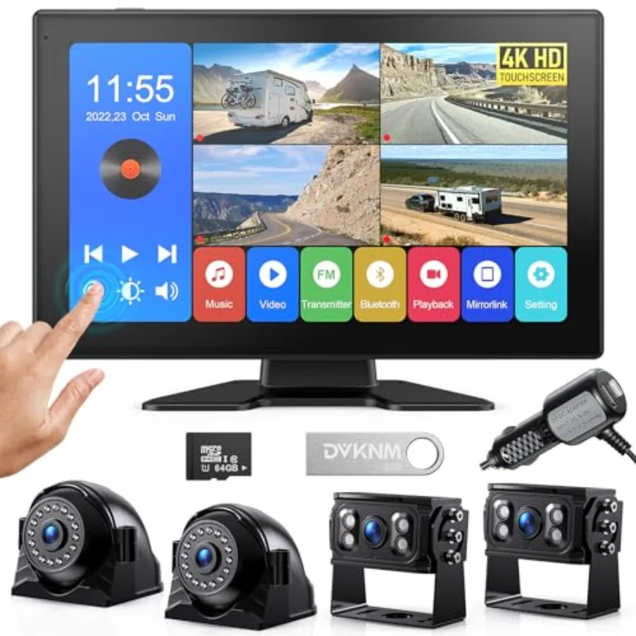 RV backup camera system with 10.1-inch quad-split touchscreen, 4x 1080P HD cameras, DVR recording, Bluetooth music, USB video p
RV backup camera system with 10.1-inch quad-split touchscreen, 4x 1080P HD cameras, DVR recording, Bluetooth music, USB video p