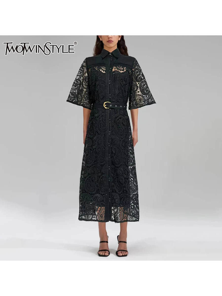 TWOTWINSTYLE однотонное платье с вышивкой для женщин, винтажные элегантные платья с лацканами и половиной рукавом, высокой талией и поясом, женская одежда
TWOTWINSTYLE однотонное платье с вышивкой для женщин, винтажные элегантные платья с лацканами и половиной рукавом, высокой талией и поясом, женская одежда