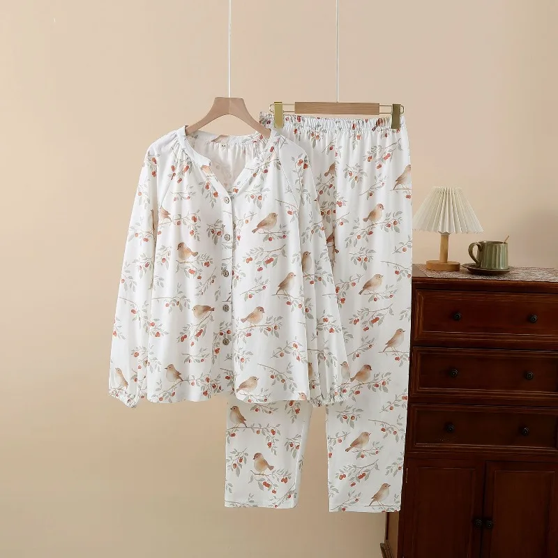 Pure Cotton Women's Pajamas Gauze All-cotton Country Style Bird Floral Prints Sweet and Cute Home Wear Set Comfortable Ventilate
Pure Cotton Women's Pajamas Gauze All-cotton Country Style Bird Floral Prints Sweet and Cute Home Wear Set Comfortable Ventilate