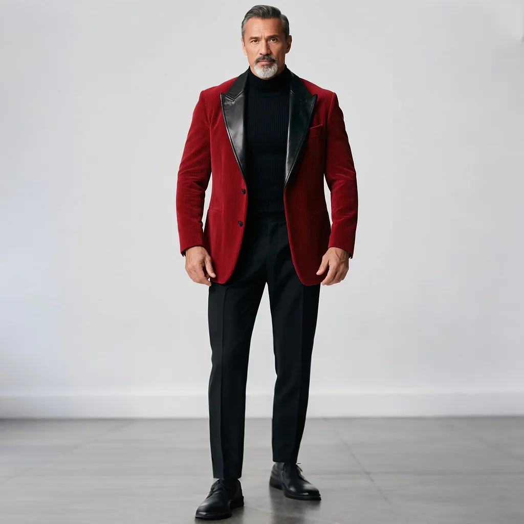 Men's Black PU Leather Peak Lapel Two Button Long Sleeve Corduroy Blazer
Men's Black PU Leather Peak Lapel Two Button Long Sleeve Corduroy Blazer