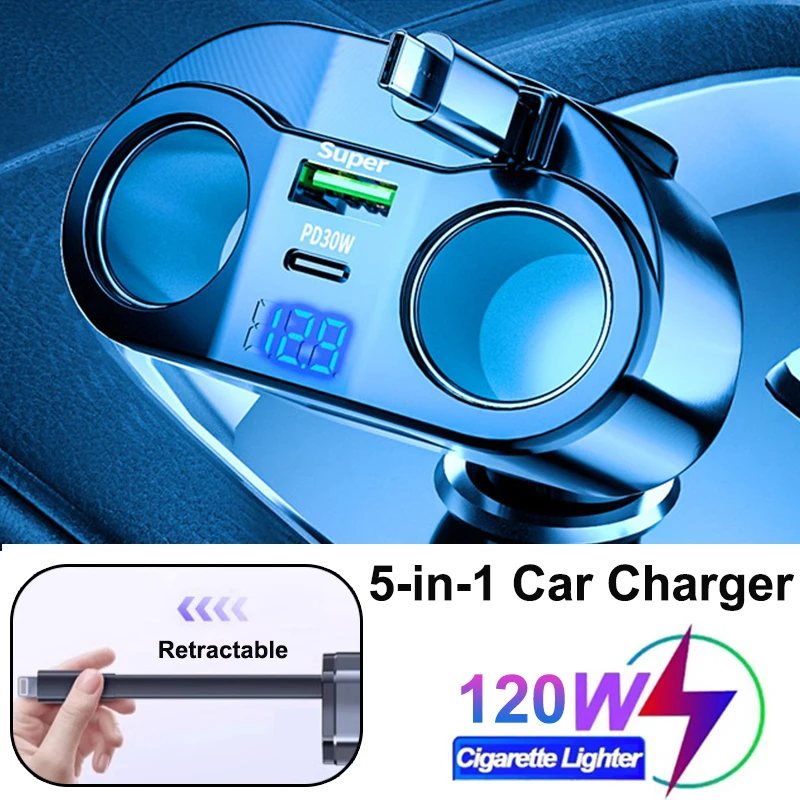 120W Retractable Car Charger 5 in 1 Super Fast Charge Dual Cigarette Lighter Splitter 12V/24V Universal USB PD Ports Adapter
120W Retractable Car Charger 5 in 1 Super Fast Charge Dual Cigarette Lighter Splitter 12V/24V Universal USB PD Ports Adapter