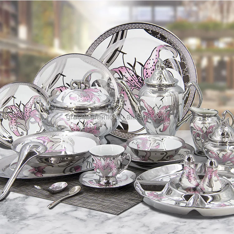 Royal Dinnerware Kitchen Silver Full Design Fine Porcelain Ceramic 86pcs Suadi Arabic Market Dinner Set for 12 Person
Royal Dinnerware Kitchen Silver Full Design Fine Porcelain Ceramic 86pcs Suadi Arabic Market Dinner Set for 12 Person