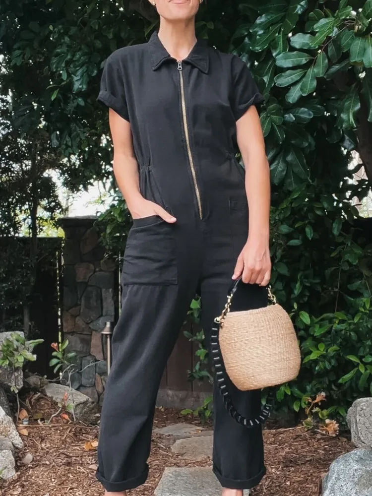 Casual Solid Jumpsuit Lady Fashion Short Sleeve Zip Pockets Jumpsuits For Women Clubwear Streetwear Womens Clothing Summer New
Casual Solid Jumpsuit Lady Fashion Short Sleeve Zip Pockets Jumpsuits For Women Clubwear Streetwear Womens Clothing Summer New