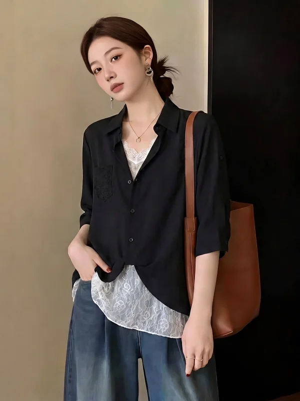 Black Lace Splice V-neck Shoulder Women's Shirt Large Size Fashionable Top Commute Style Korean Version Loose Fit Shirt Sleeve
Black Lace Splice V-neck Shoulder Women's Shirt Large Size Fashionable Top Commute Style Korean Version Loose Fit Shirt Sleeve