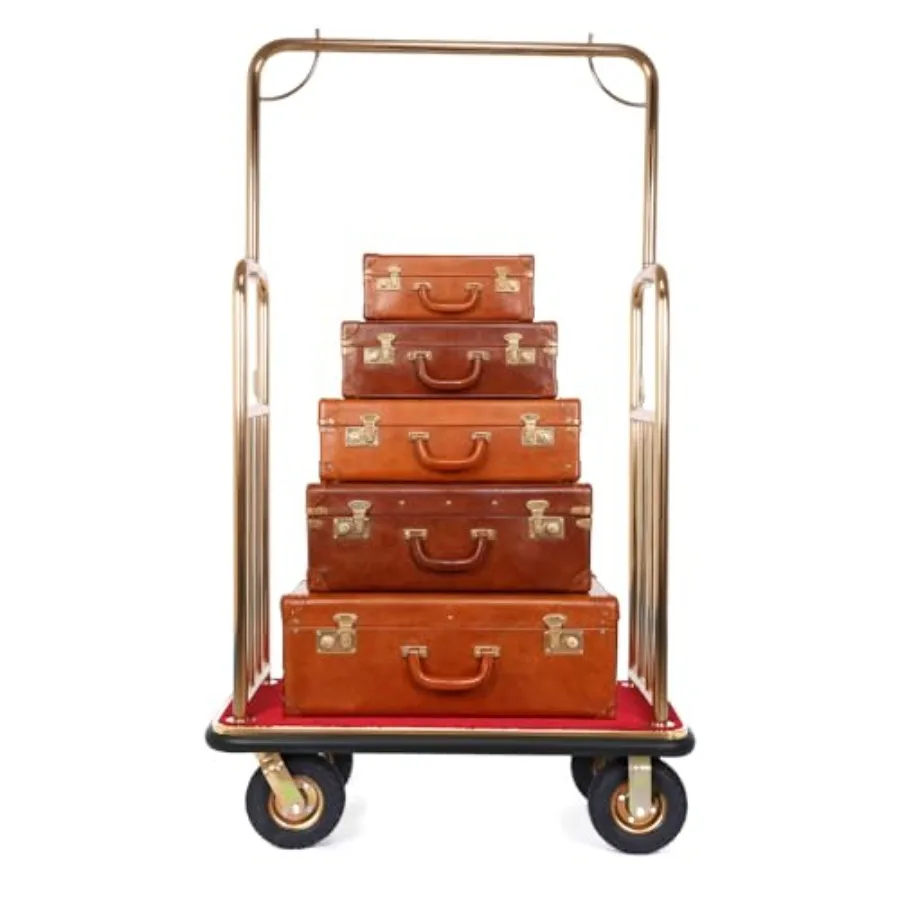 Hotel luggage cart, steel, gold, 1300LBS capacity with 8-inch silent rubber casters for hotel resort use
Hotel luggage cart, steel, gold, 1300LBS capacity with 8-inch silent rubber casters for hotel resort use