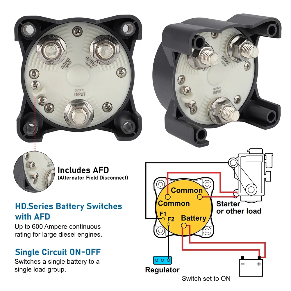 Marine Grade Battery Disconnect Switch 600A Continuous 900A 5 Min 1750A 30 Sec ON OFF Single Circuit for RV Truck Boat Yacht
Marine Grade Battery Disconnect Switch 600A Continuous 900A 5 Min 1750A 30 Sec ON OFF Single Circuit for RV Truck Boat Yacht