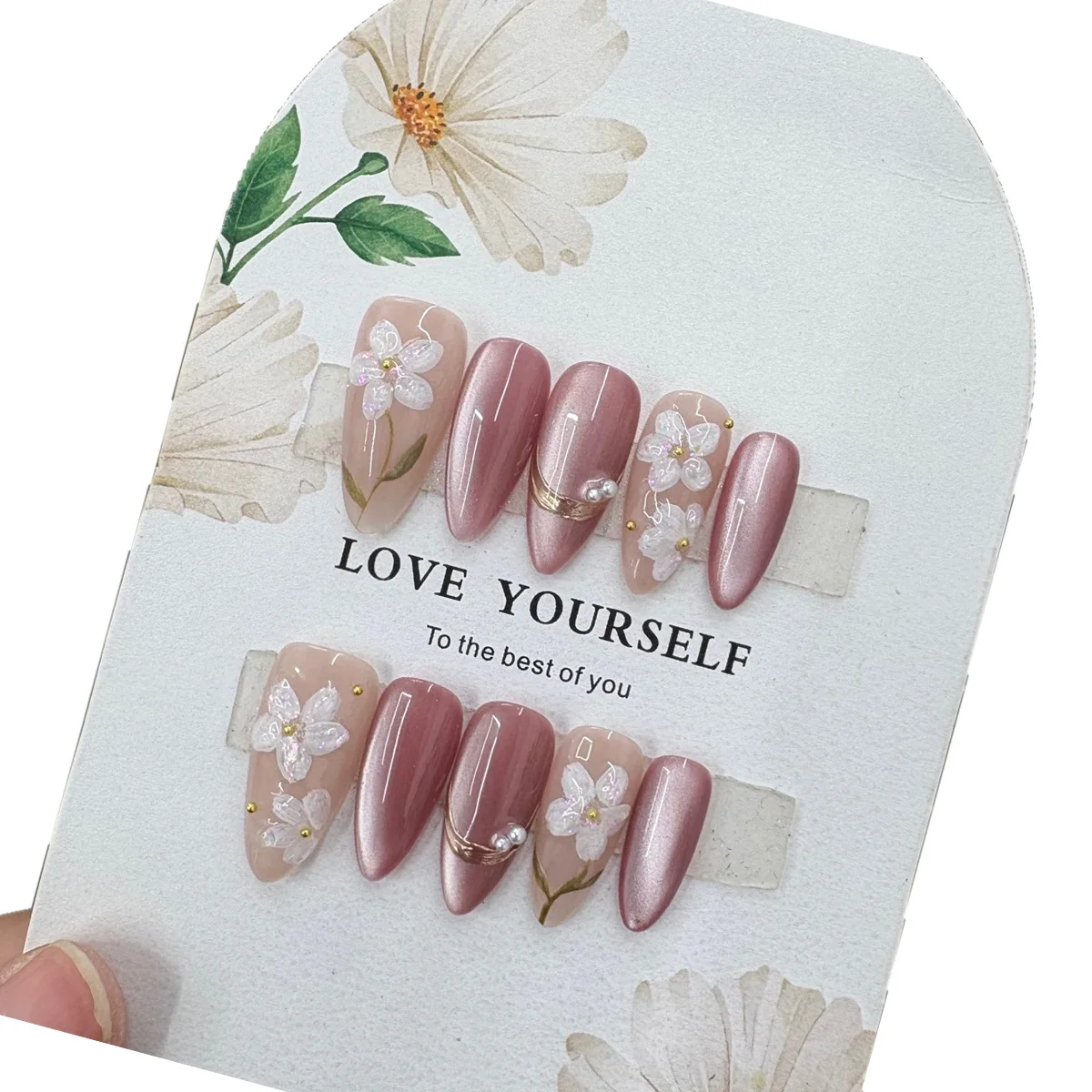 10 шт. накладных ногтей «Французский кошачий глаз» с камелиями, ручной работы, розовые, короткие, формы «мини-миндаль», полное покрытие, для женщин и девушек
10 шт. накладных ногтей «Французский кошачий глаз» с камелиями, ручной работы, розовые, короткие, формы «мини-миндаль», полное покрытие, для женщин и девушек