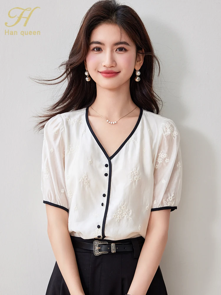 H Han Queen New Summer Women's Work Casual Vintage Short Sleeve Tops Womans Clothing V-Neck Loose Chiffon Shirts & Blouses
H Han Queen New Summer Women's Work Casual Vintage Short Sleeve Tops Womans Clothing V-Neck Loose Chiffon Shirts & Blouses