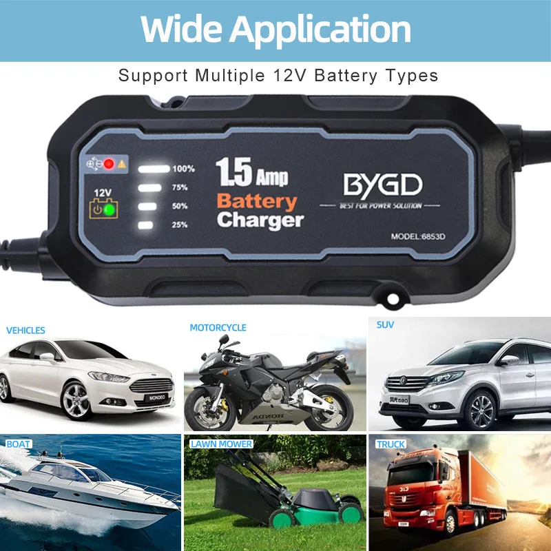1.5A Car & Motorcycle Battery Charger 100V-240V, Intelligent Lead-Acid Battery Charger & Maintainer
1.5A Car & Motorcycle Battery Charger 100V-240V, Intelligent Lead-Acid Battery Charger & Maintainer