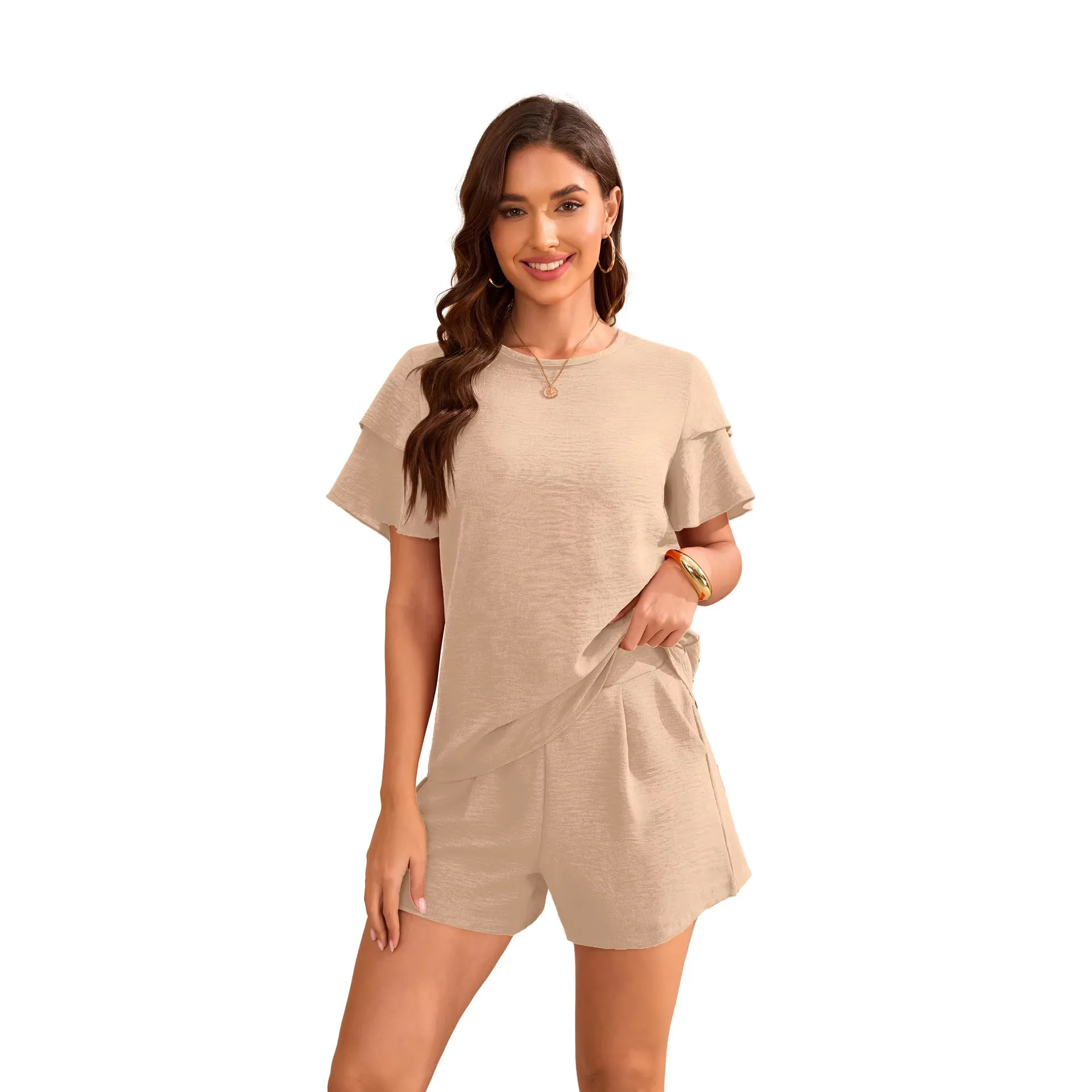 Summer Casual Two Piece Set Short Pants Ruffle Sleeve round Neck Teal Relaxed Fit Beige Olive Green Casual Shorts
Summer Casual Two Piece Set Short Pants Ruffle Sleeve round Neck Teal Relaxed Fit Beige Olive Green Casual Shorts