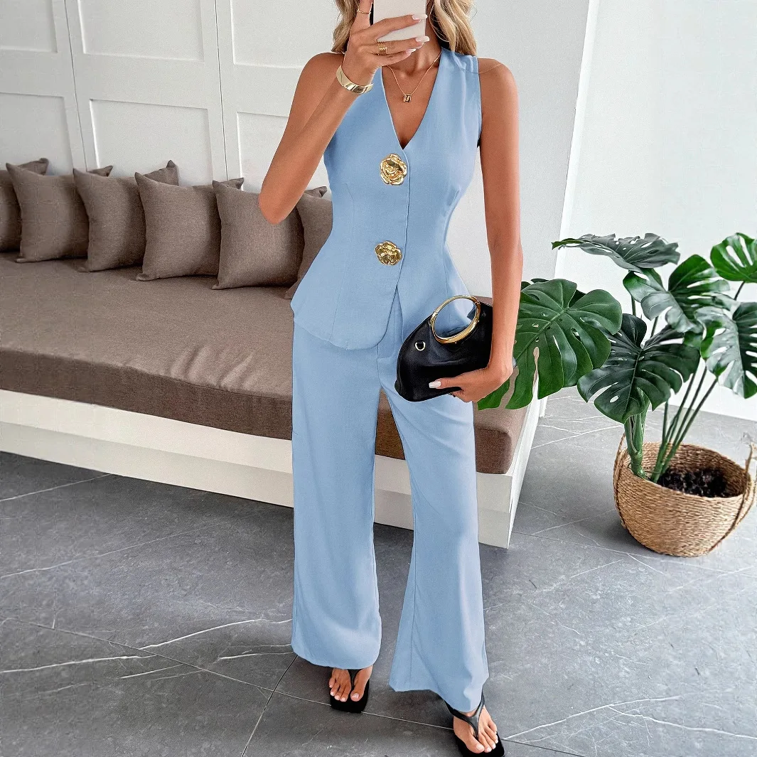Summer Women 2 Piece Set V Neck Single-Breasted Simple Sleeveless Halter Vest Top+High Waist Straight Trouser Casual Pant Set
Summer Women 2 Piece Set V Neck Single-Breasted Simple Sleeveless Halter Vest Top+High Waist Straight Trouser Casual Pant Set