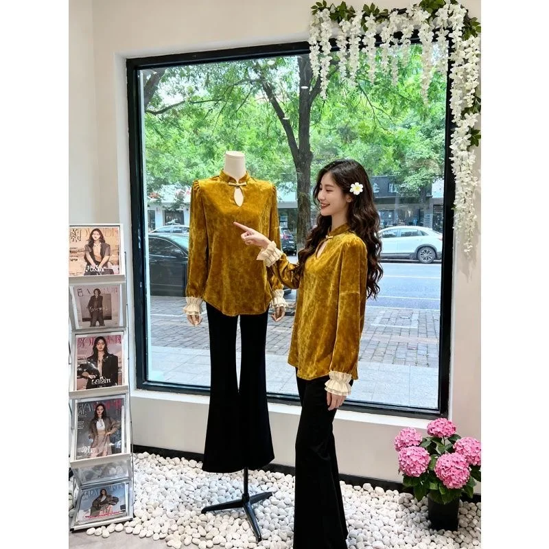 Yellow Velvet Shirt Women's Slim Fit Inner Wear Shirt Stylish New Chinese Style Winter Luxury Sensation Belted Waist Design
Yellow Velvet Shirt Women's Slim Fit Inner Wear Shirt Stylish New Chinese Style Winter Luxury Sensation Belted Waist Design