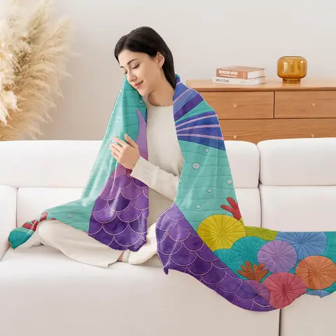 1pc Turquoise Blue & Purple Mermaid Tail Plush Blanket - Soft Quilted Flannel Bedspread with Shimmering Scales, All-Season
