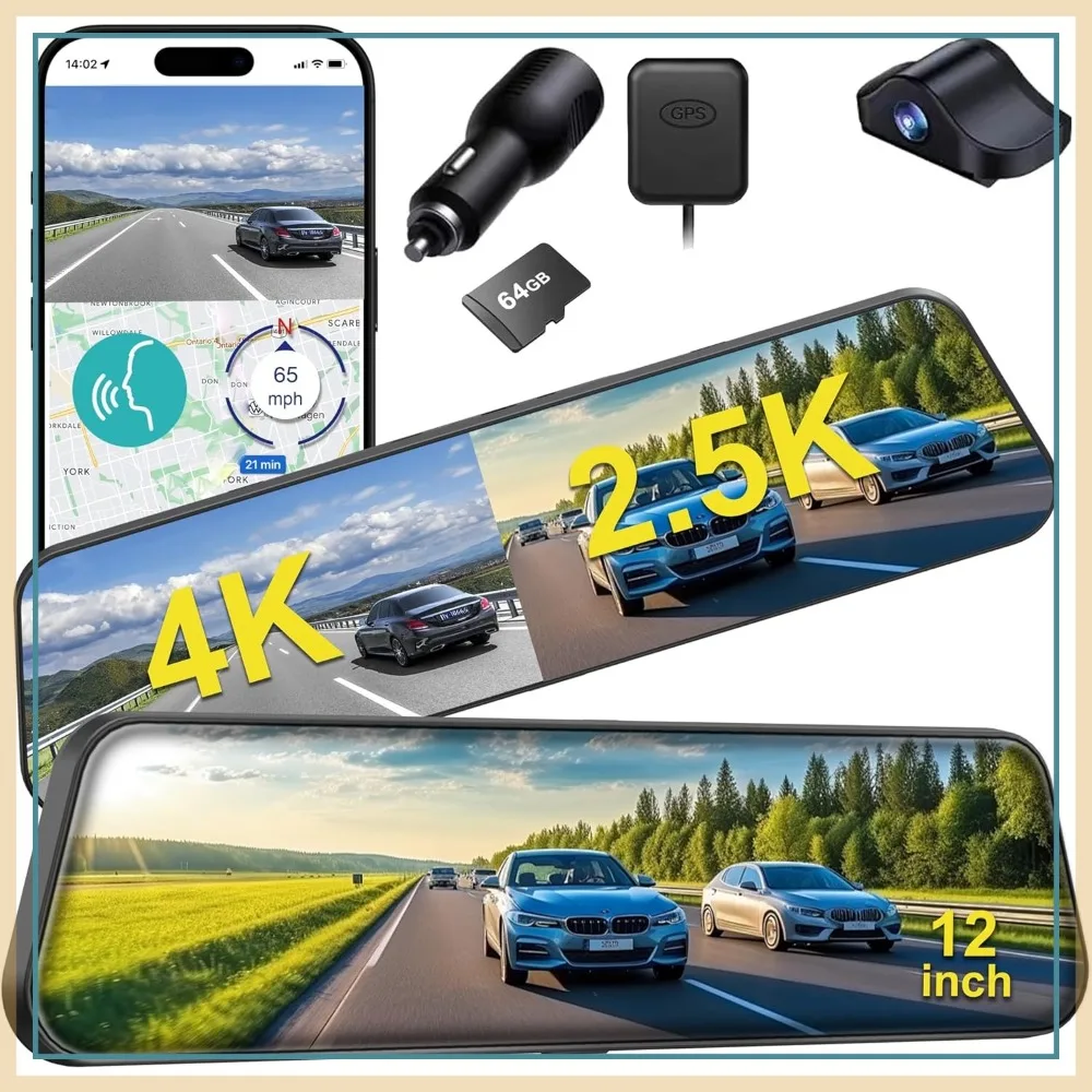 12" 4K+2.5K Dual Dash Cam, ADAS BSD, Night Vision, Parking Monitor, GPS, 64GB Card Included
12" 4K+2.5K Dual Dash Cam, ADAS BSD, Night Vision, Parking Monitor, GPS, 64GB Card Included