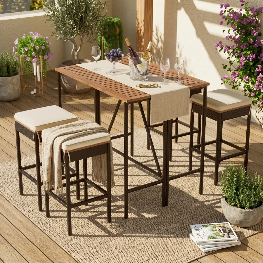 Outdoor bar height dining set: acacia wood table + 4 stools with cushions, PE rattan wicker, foldable tabletop, all-weather bro
Outdoor bar height dining set: acacia wood table + 4 stools with cushions, PE rattan wicker, foldable tabletop, all-weather bro