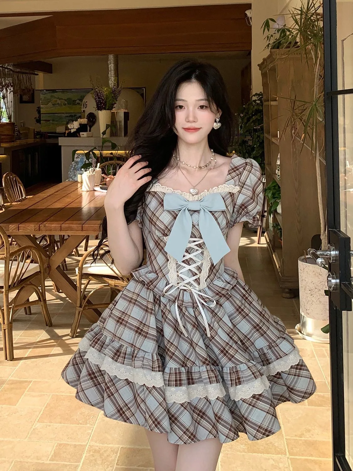 Cute Princess Style Plaid Lace Knot Belted Summer Short Puffy Dress Women's Square Collar Waist Cinched Skirt
Cute Princess Style Plaid Lace Knot Belted Summer Short Puffy Dress Women's Square Collar Waist Cinched Skirt