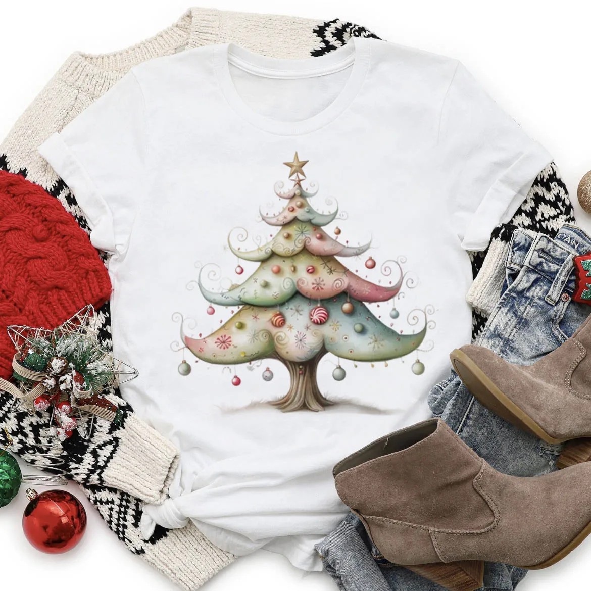 Ladies' Christmas Tree Pattern Printed White Top Casual Clothing Watercolor Style 90s Fashion Short Sleeve Sweet O-Neck T-Shirt
Ladies' Christmas Tree Pattern Printed White Top Casual Clothing Watercolor Style 90s Fashion Short Sleeve Sweet O-Neck T-Shirt