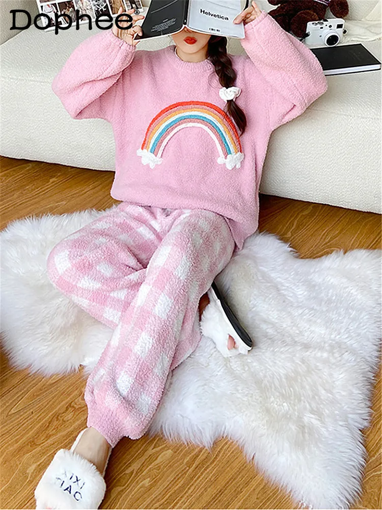 Осень-зима, новые японские Ins, милые милые пижамы с длинными рукавами для девочек, клетчатая теплая утолщенная свободная домашняя одежда из двух предметов 
Осень-зима, новые японские Ins, милые милые пижамы с длинными рукавами для девочек, клетчатая теплая утолщенная свободная домашняя одежда из двух предметов