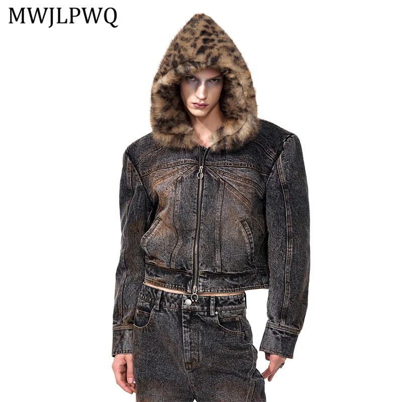 MWJLPWQ Leopard Printed Faux Fur Hooded Denim Jacket Men Patchwork Design High Street Vintage Short Padded Shoulder Tops 11563
MWJLPWQ Leopard Printed Faux Fur Hooded Denim Jacket Men Patchwork Design High Street Vintage Short Padded Shoulder Tops 11563