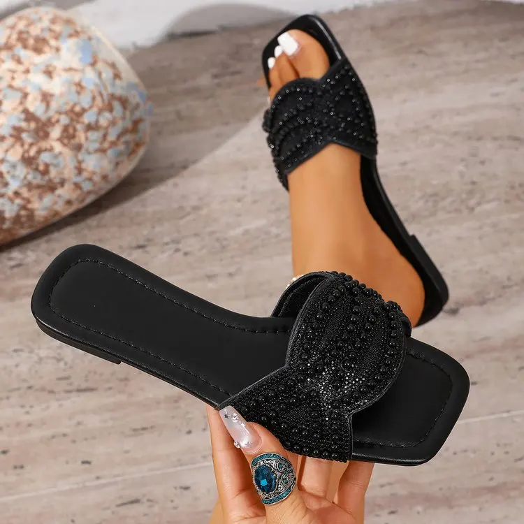 Summer Women Slippers 2026 New Fashionable Luxury Rhinestones Comfortable Female Shoes Square Toe Flat Lightweight Sandals 42 S7aab70fffdea4f84b06cd80b9af470b4g