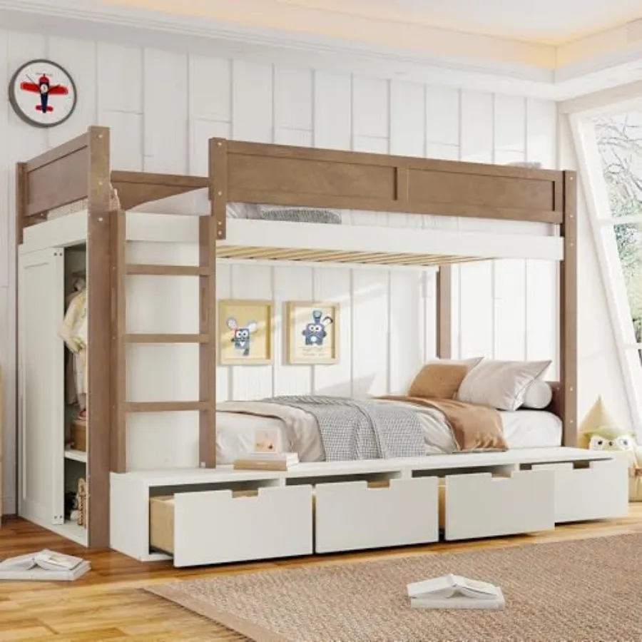 Bunk Bed with Storage Drawers, Solid Wood Bunk Bed with Built-in Wardrobe, Storage Shelf and Safety Guardrails for Girls Boys
Bunk Bed with Storage Drawers, Solid Wood Bunk Bed with Built-in Wardrobe, Storage Shelf and Safety Guardrails for Girls Boys