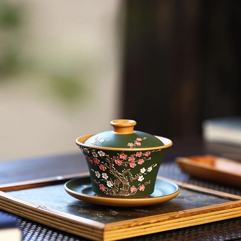 Handmade Yixing Zisha Clay Gaiwan Piece Porcelain Tea Cup with Lid and Saucer for Gongfu Tea Ceremony Home Brewing
Handmade Yixing Zisha Clay Gaiwan Piece Porcelain Tea Cup with Lid and Saucer for Gongfu Tea Ceremony Home Brewing