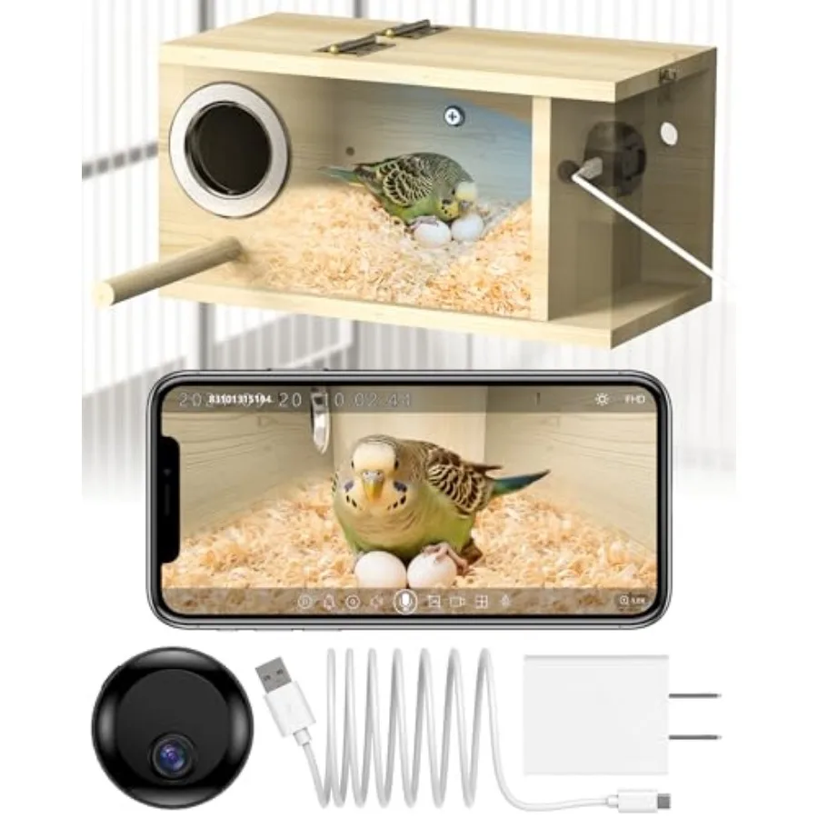Parakeet Nesting Box, Bird House with Camera, Natural Bird Nest Box with 1080P Wi-Fi Camera, Visual Breeding Record for Pet Bir
Parakeet Nesting Box, Bird House with Camera, Natural Bird Nest Box with 1080P Wi-Fi Camera, Visual Breeding Record for Pet Bir