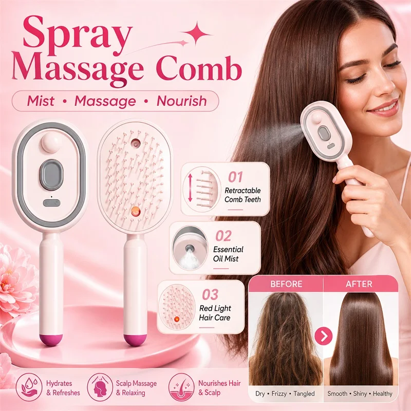 3-in-1 Electric Spray Massage Comb Rechargeable with Red Light Self Cleaning Steam Essential Oil Brush for Women Head Massager
3-in-1 Electric Spray Massage Comb Rechargeable with Red Light Self Cleaning Steam Essential Oil Brush for Women Head Massager