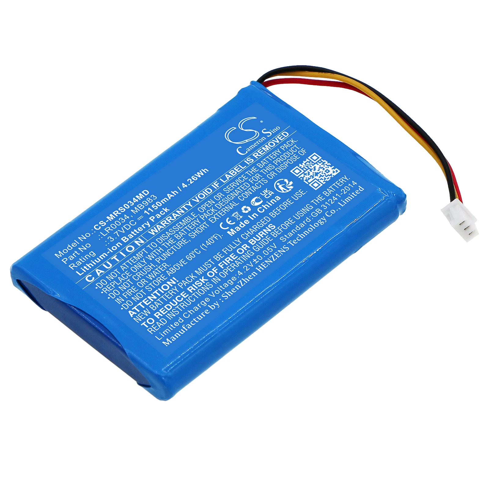 Cameron Sino 3.7V 1150mAh Medical Battery LR0034,MB983 for MIR Spirodoc Spirometer, Spirobank II Basic,Spirobank II,Spirodoc MIR
Cameron Sino 3.7V 1150mAh Medical Battery LR0034,MB983 for MIR Spirodoc Spirometer, Spirobank II Basic,Spirobank II,Spirodoc MIR