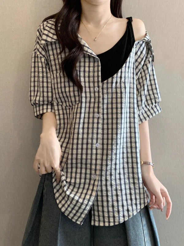 Shoulder Bared Plaid Shirt Women's Summer New Style Large Size Fat MM mid Length Top Korean Style Commute Wind Loose Fit
Shoulder Bared Plaid Shirt Women's Summer New Style Large Size Fat MM mid Length Top Korean Style Commute Wind Loose Fit