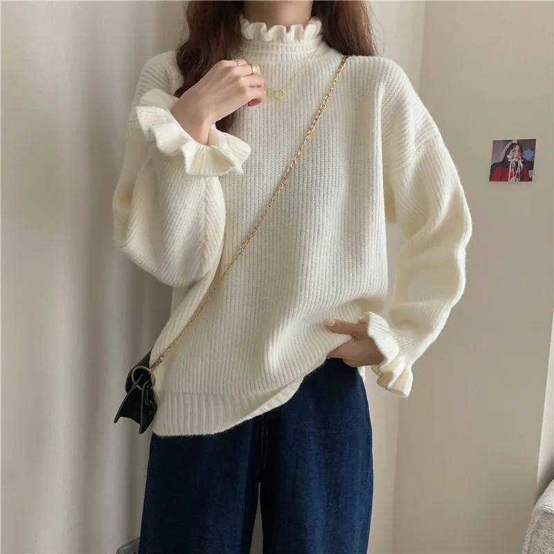 Half High Neck Short Knitted Pullovers Women Fall Winter Loose Korean Wooden Ear Edge Casual Long Sleeve Sweater Tops 3 Colors
Half High Neck Short Knitted Pullovers Women Fall Winter Loose Korean Wooden Ear Edge Casual Long Sleeve Sweater Tops 3 Colors