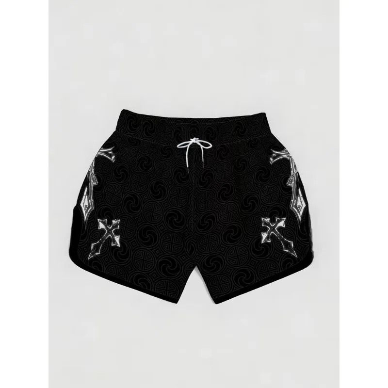 High Street Dark Style Cross Full Print Shorts, American Subculture Loose Sports Five Quarter Pants, Unisex
High Street Dark Style Cross Full Print Shorts, American Subculture Loose Sports Five Quarter Pants, Unisex