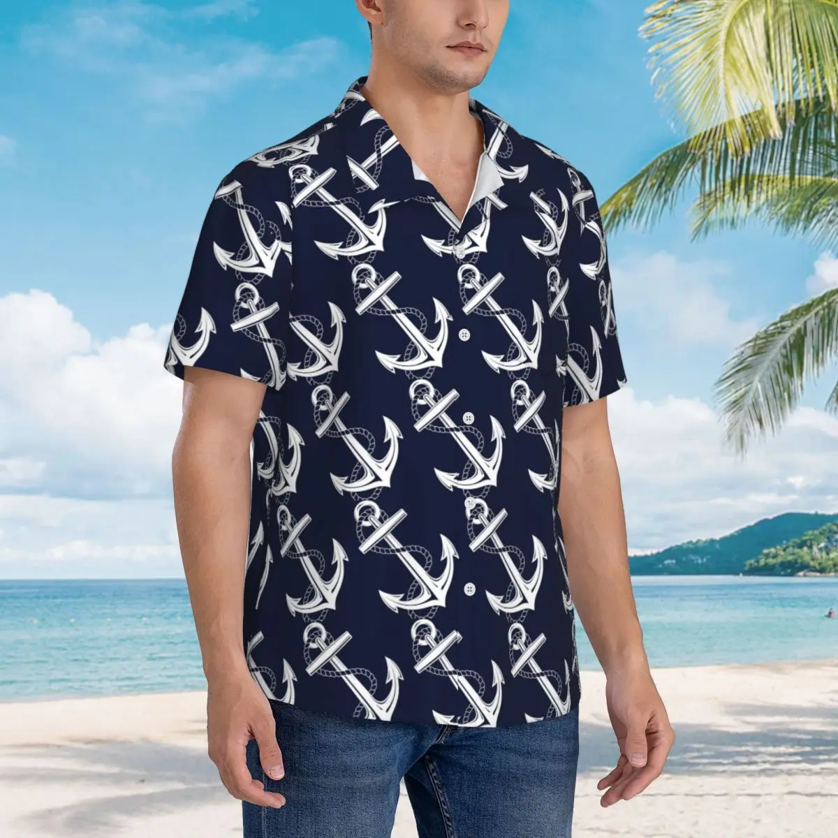 Anchor Nautical White And Navy Hawaiian Shirts Funny Men Short Sleeve Shirt for Summer Beach Men's Lapel Tops
Anchor Nautical White And Navy Hawaiian Shirts Funny Men Short Sleeve Shirt for Summer Beach Men's Lapel Tops