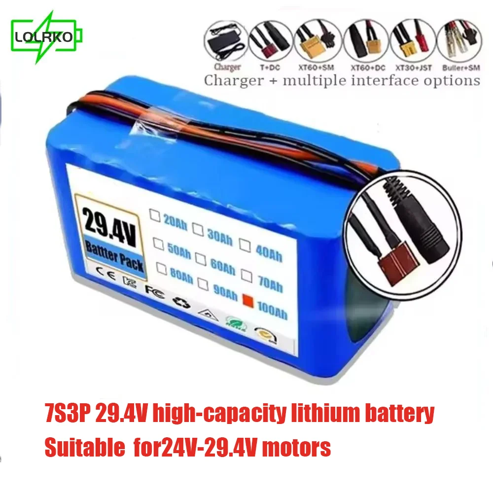 High Energy Density 29.4V 100Ah 7s3p 18650 Lithium Battery Pack for 24V-29.4V Motors with 2A Charger Included
High Energy Density 29.4V 100Ah 7s3p 18650 Lithium Battery Pack for 24V-29.4V Motors with 2A Charger Included