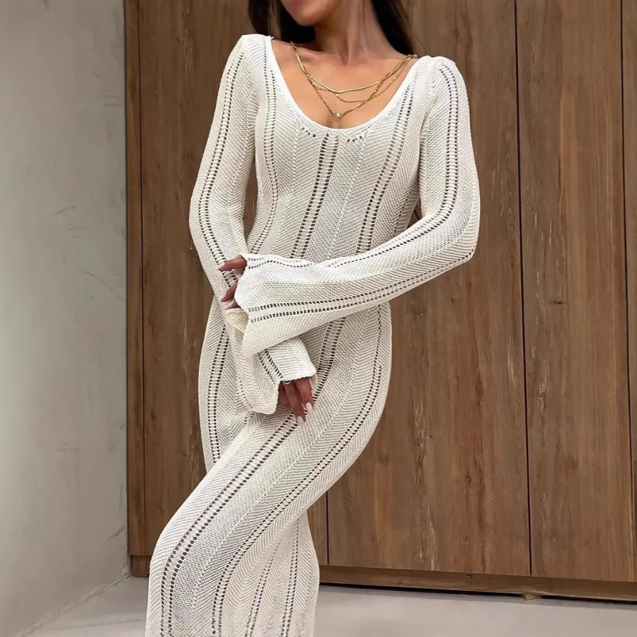 【New style】New women's fashion, elegant V-neck knitting dress, horn sleeve, thin hollow-out bag, hips, skirt
【New style】New women's fashion, elegant V-neck knitting dress, horn sleeve, thin hollow-out bag, hips, skirt